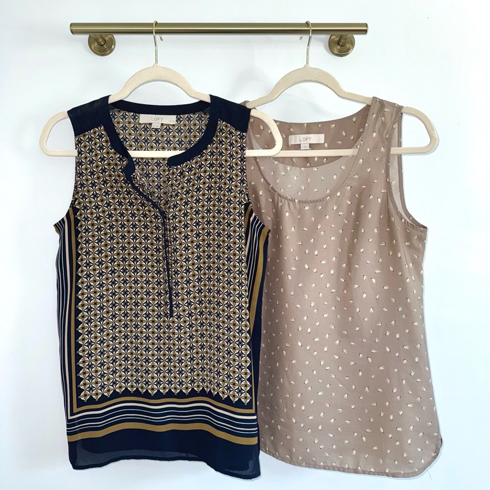 LOFT Satin Navy and Beige Sleeveless Blouses Bundle